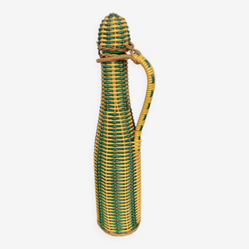 Bottle covered with rattan and scoubidou, 60s-70s