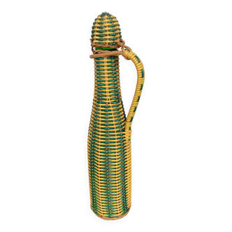 Bottle covered with rattan and scoubidou, 60s-70s