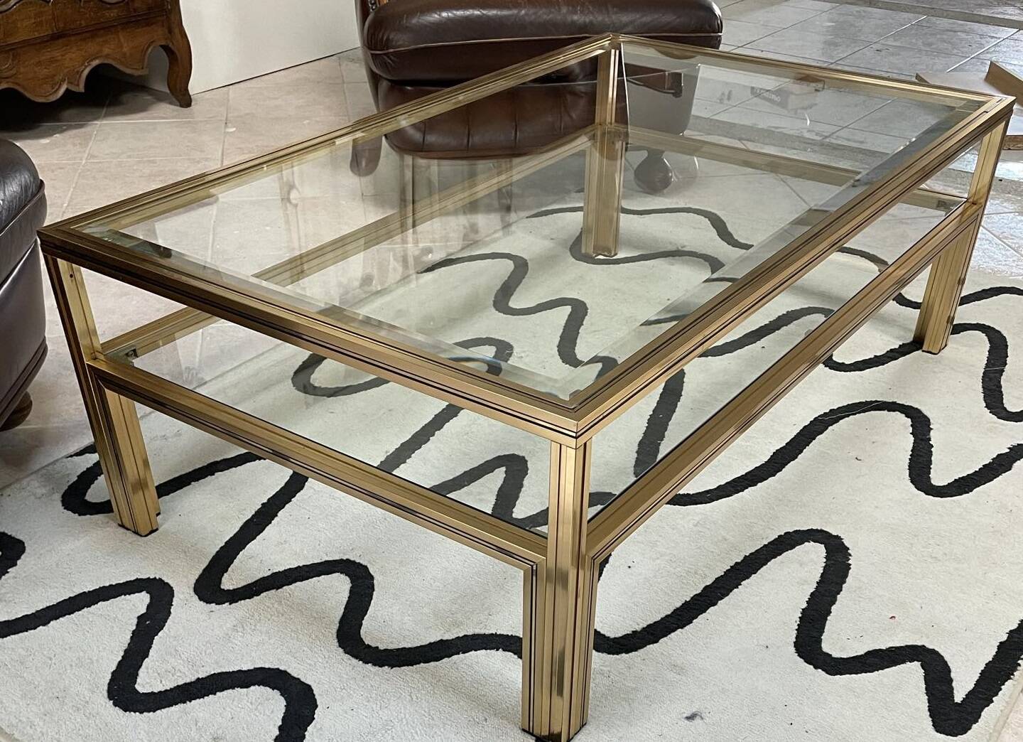 Vintage Pierre Vandel Paris Coffee Table Gold Aluminum and Glass with Two Trays 70'