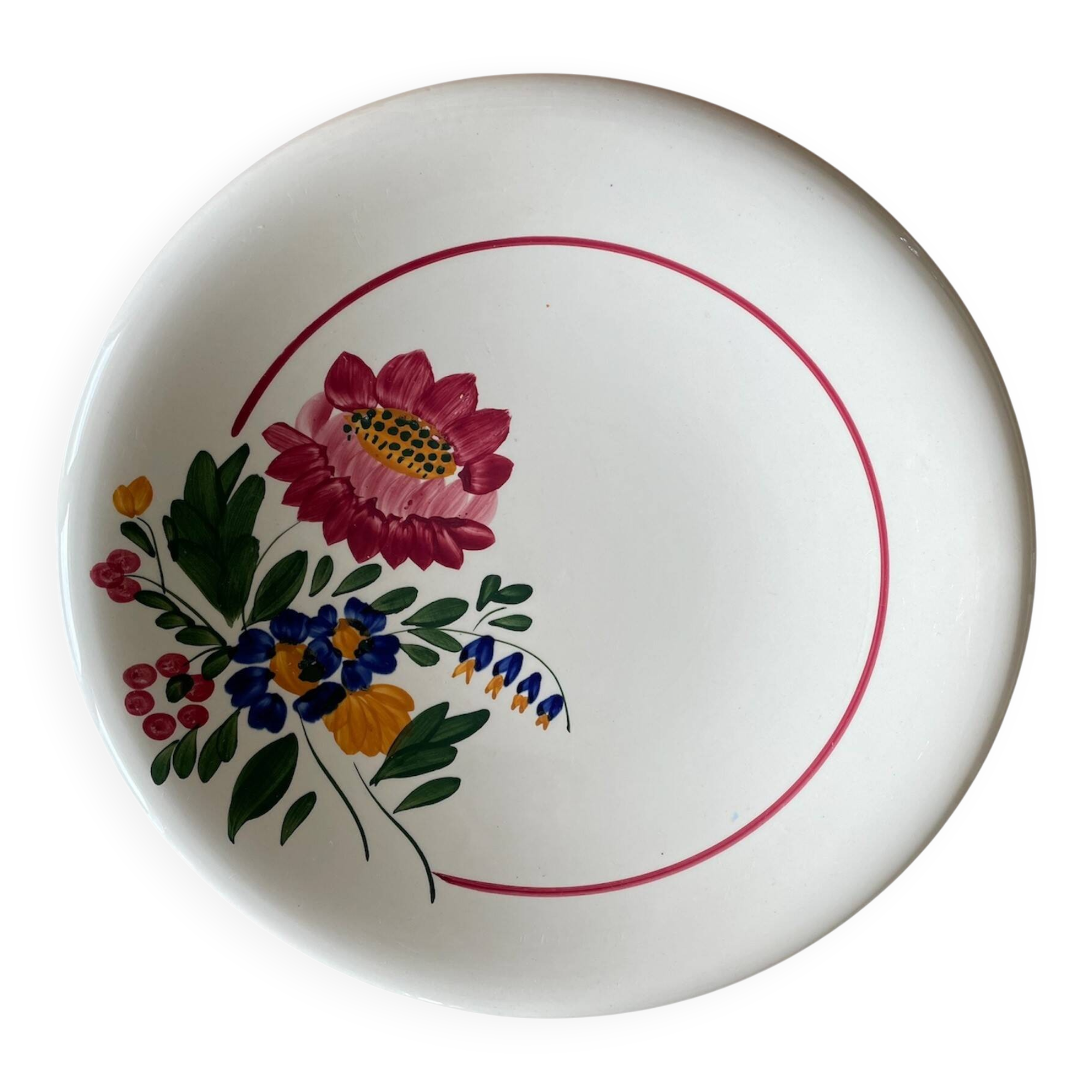Large antique salad bowl on a pedestal, made of Sarreguemines earthenware.