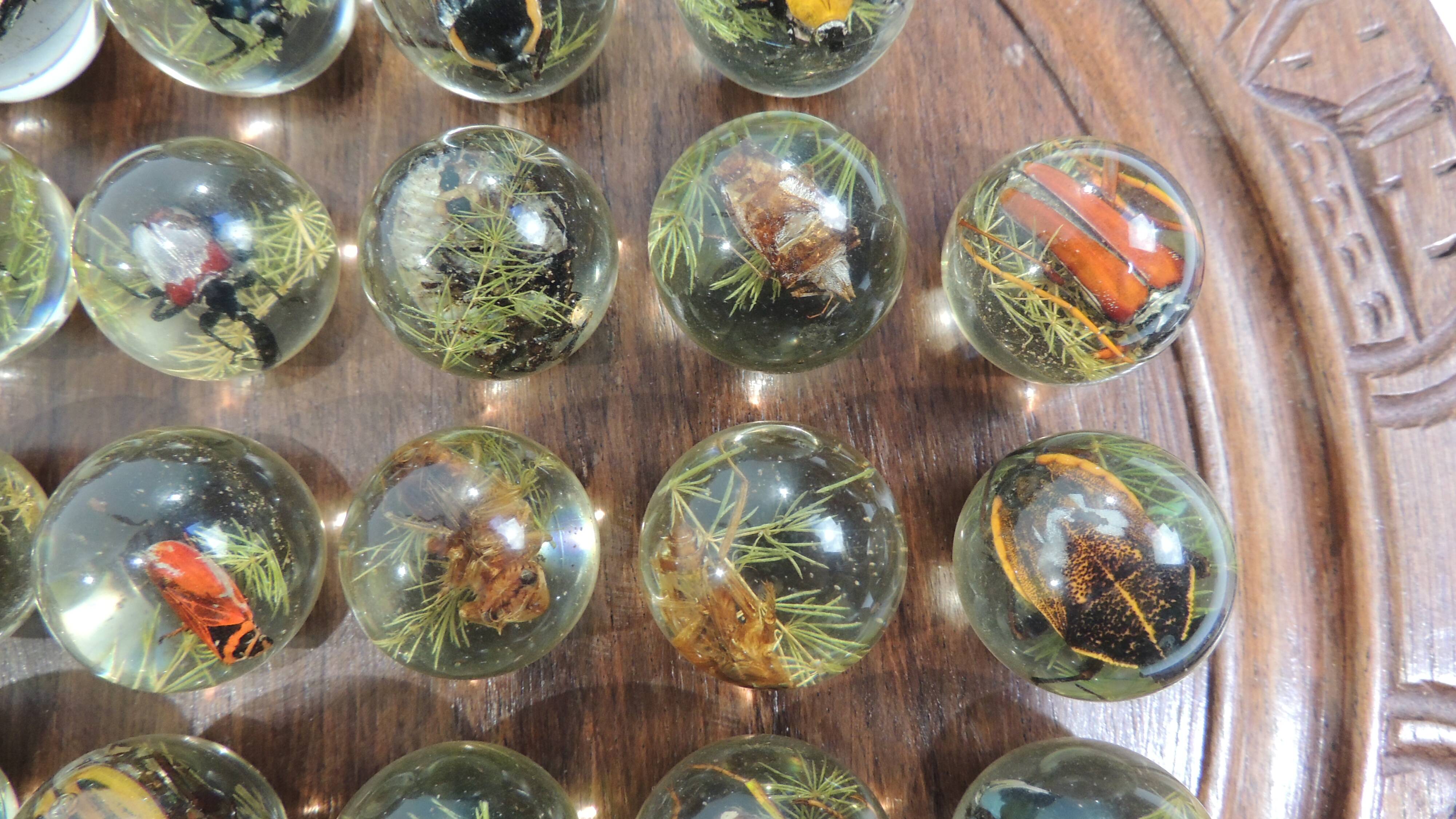 Vintage wooden carved solitaire game – Resin balls with insects –