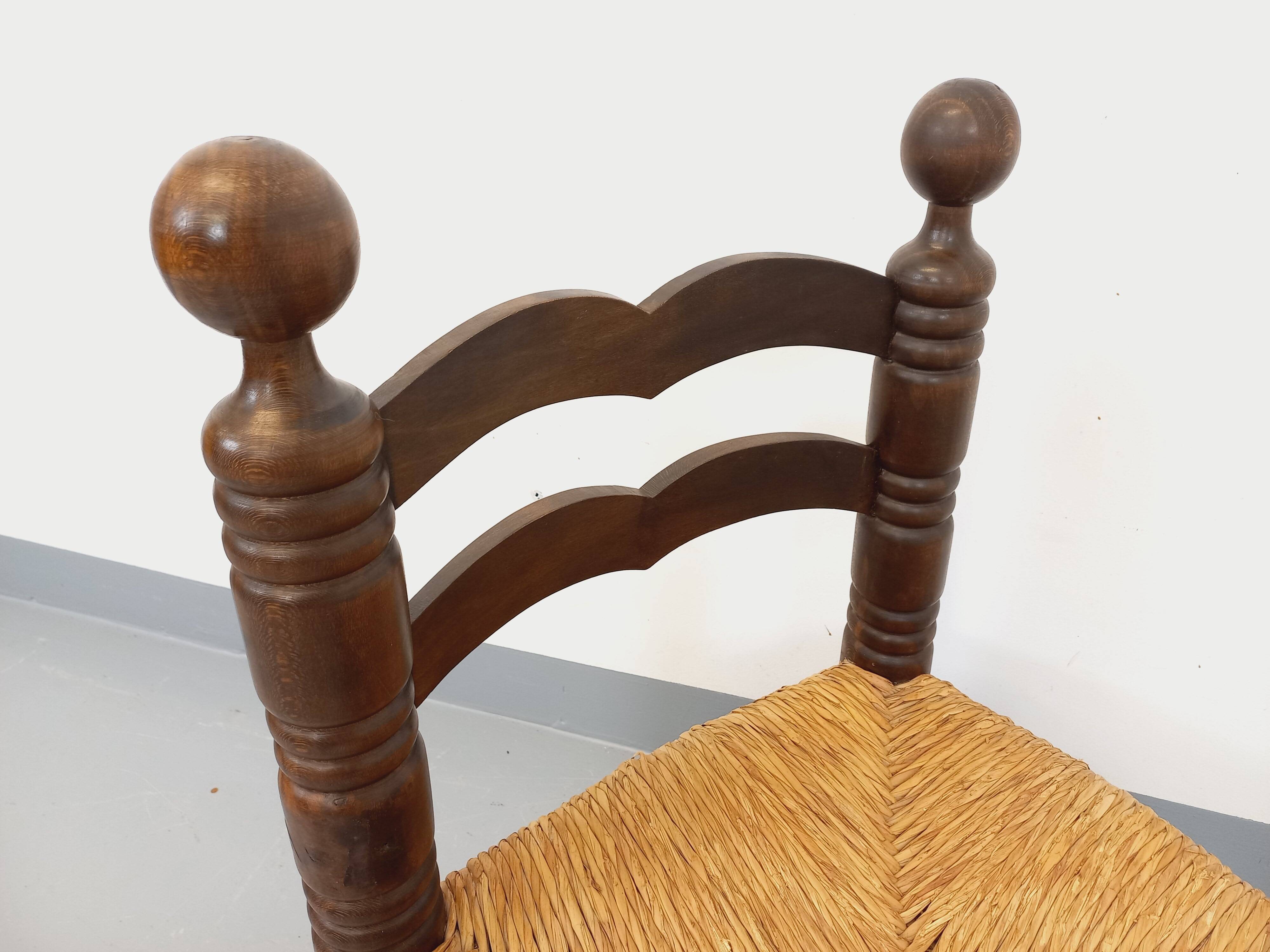 Vintage Charles Dudouyt Brutalist Low Chair in Wood and Straw, 1940s