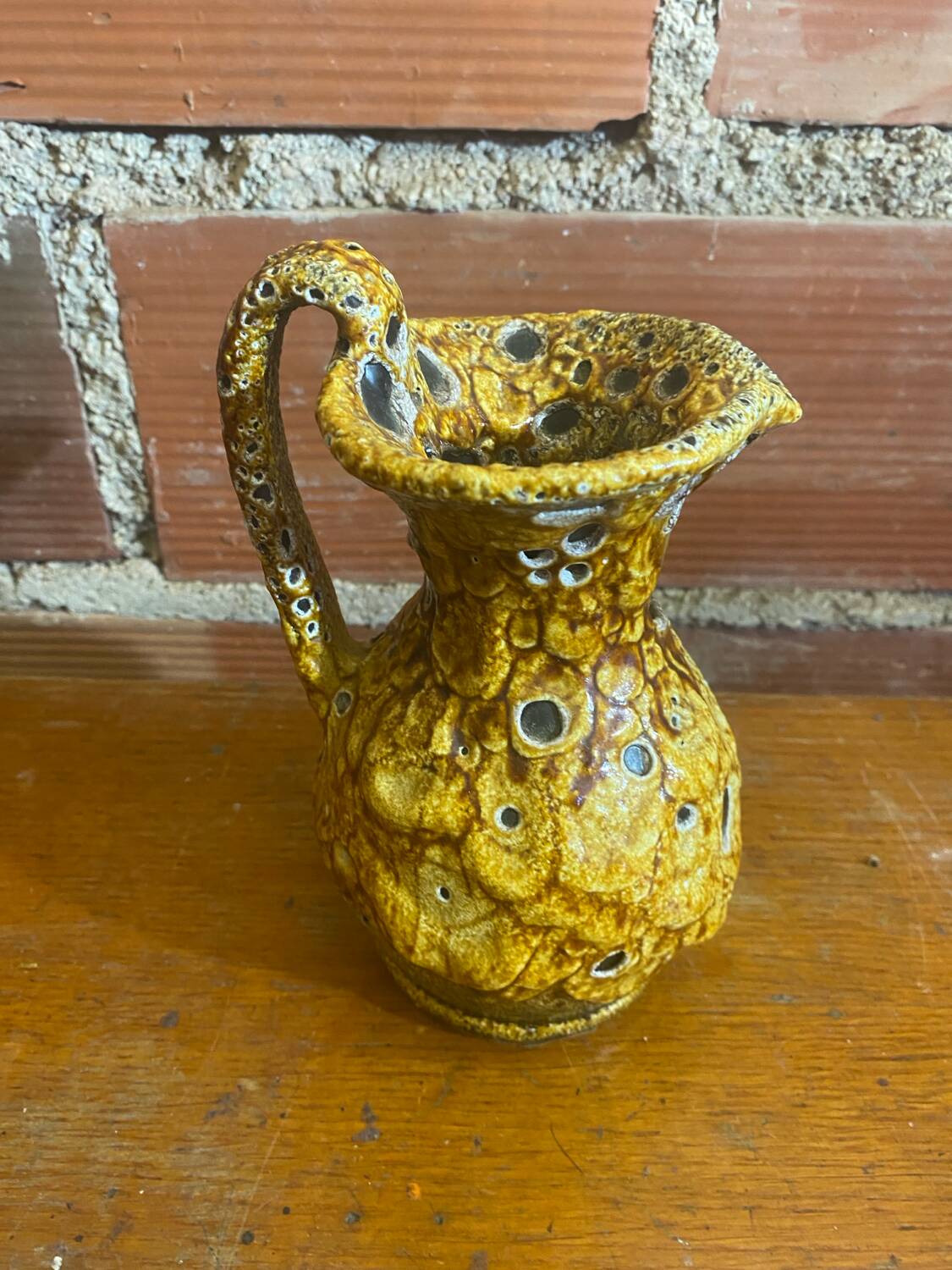 Antique pitcher cyclops enamels honey yellow vallauris fat lava vintage