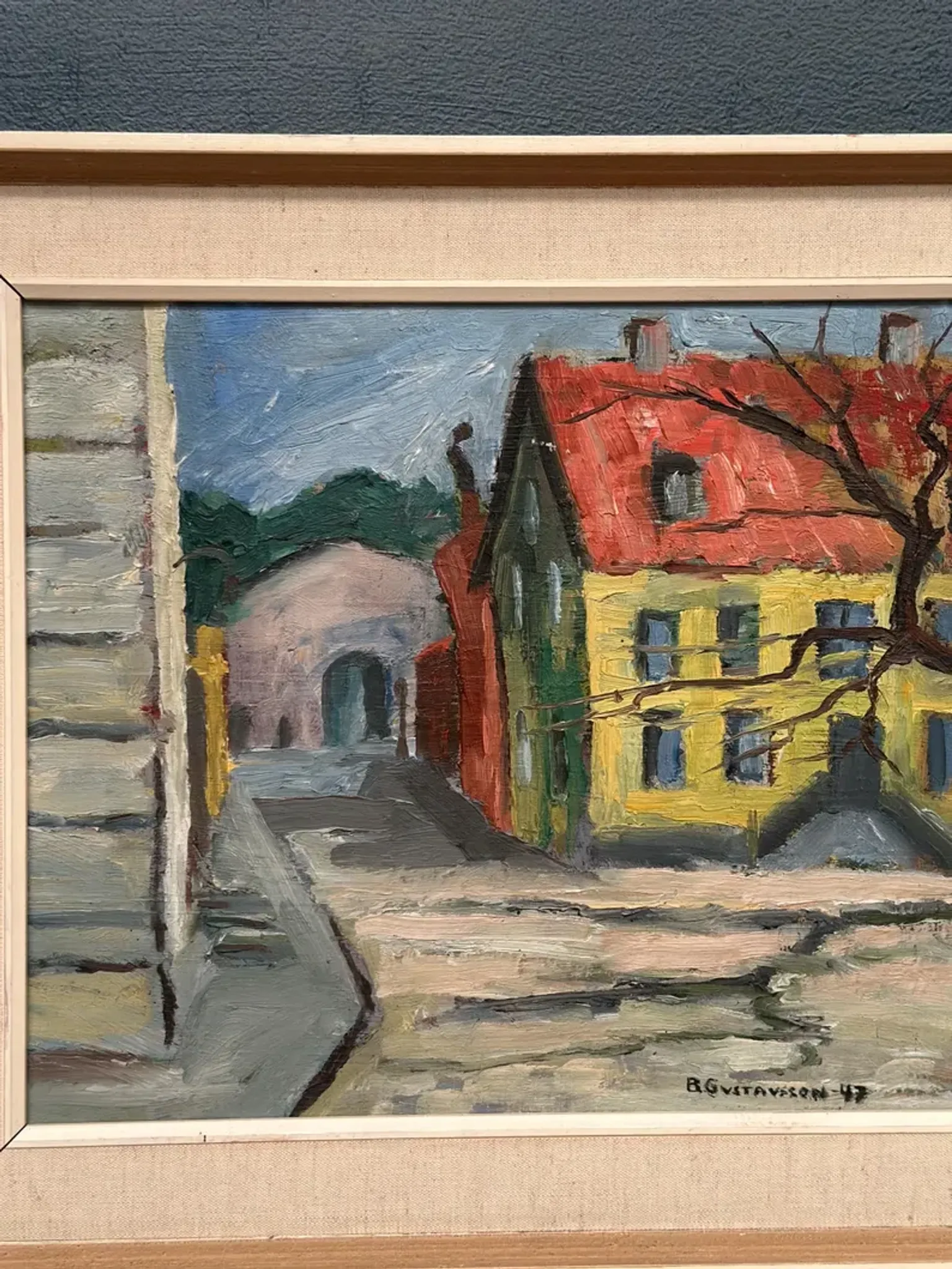 Original Swedish Oil on Panel – “Urban Landscape” by B. Gustavson – Signed – Dated 1947 – Vintage & Framed