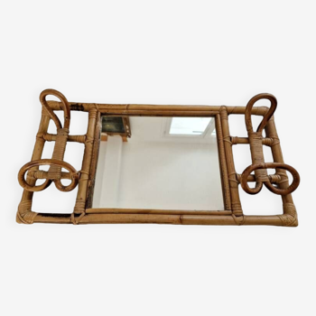Coat rack with mirror background with two hooks - In bamboo and rattan - Design from the 1960s
