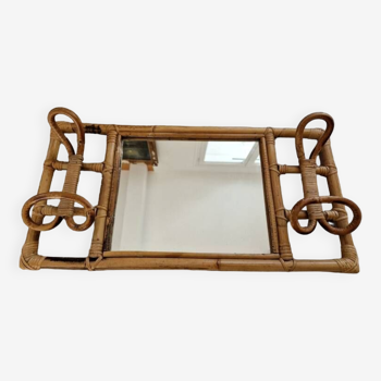 Porte-manteau sur fond miroir à deux patères en bambou et rotin, années 1960