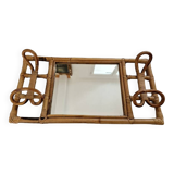 Coat rack with mirror background with two hooks - In bamboo and rattan - Design from the 1960s