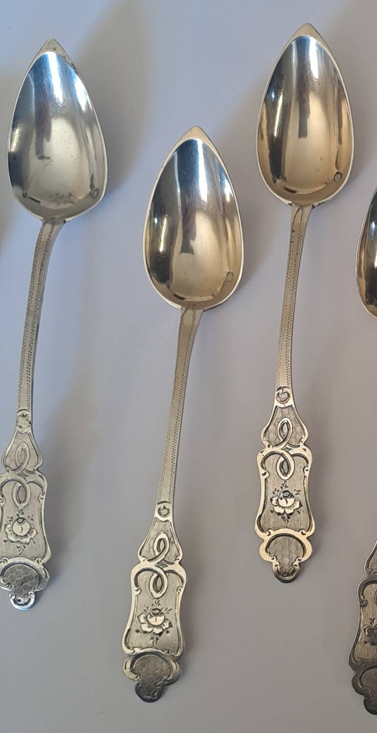 6 small numbered silver teaspoons, Minerva hallmark.