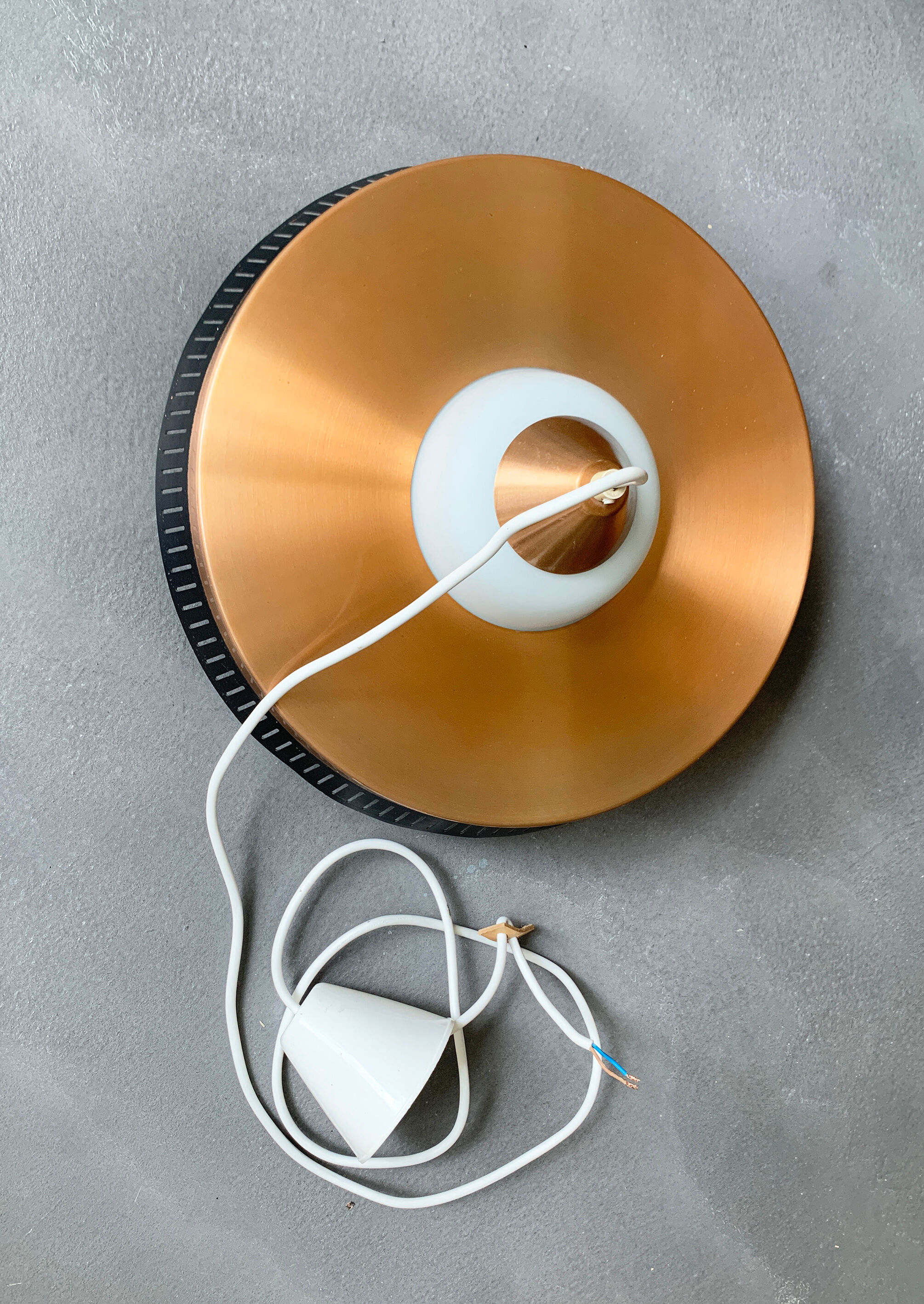 Scandinavian suspension lamp in copper and opaline glass, Bent Karlby for Lyfa, Denmark, 1960s