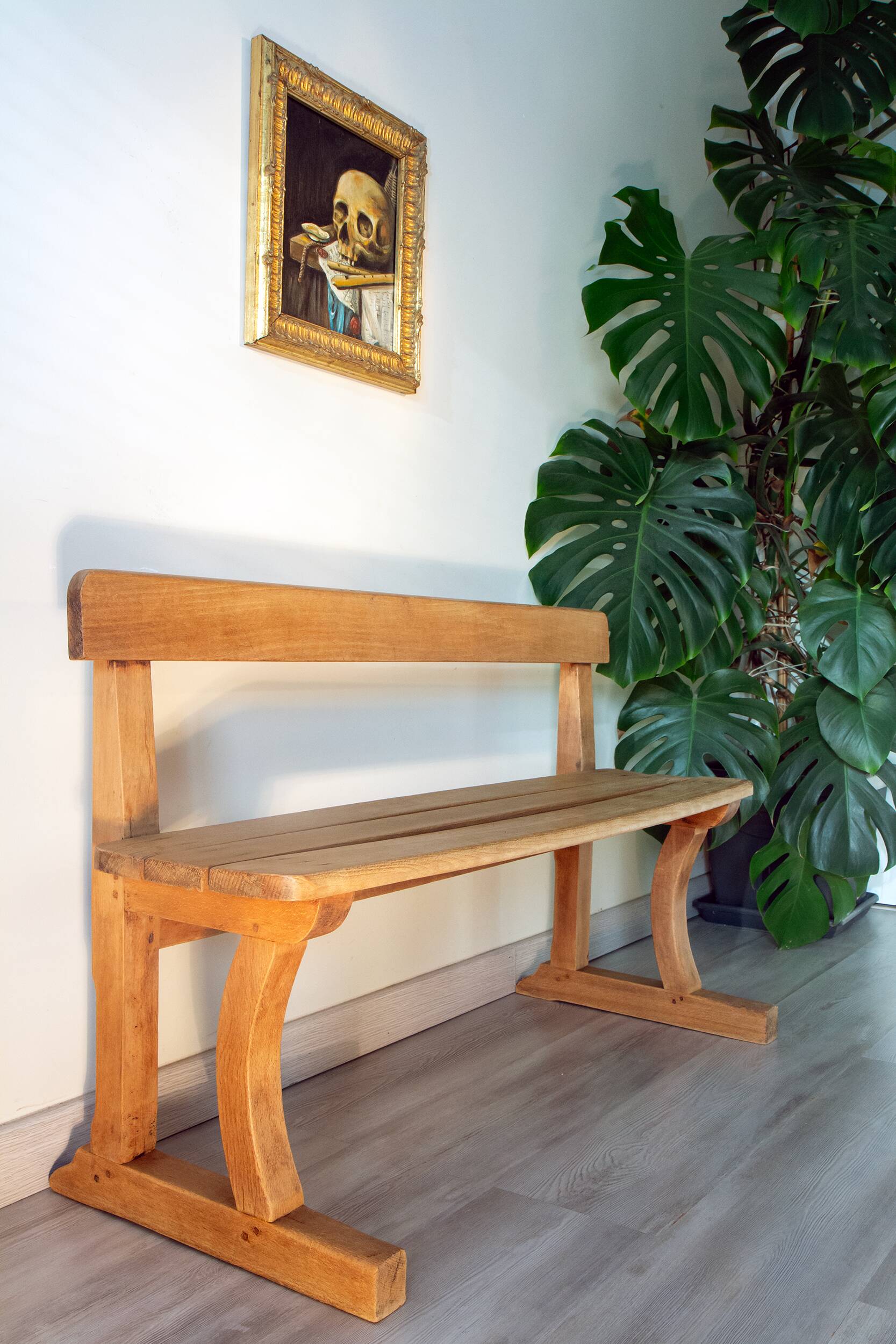 Solid wood school bench from the early 20th century.