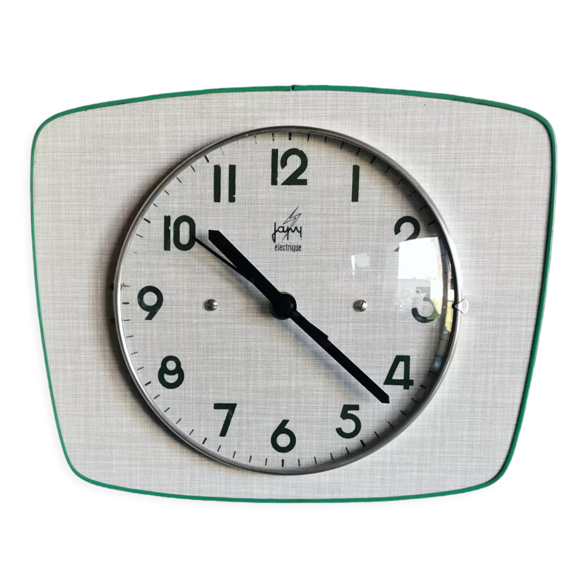 Vintage formica clock silent trapezoid wall clock "Green Japy"