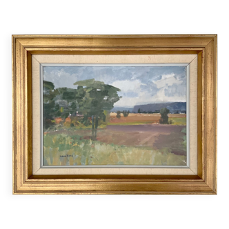 Peinture à l’huile de paysage moderniste suédois des années 1960