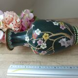 Vintage cloisonné green chinese vase with flower and bird pattern