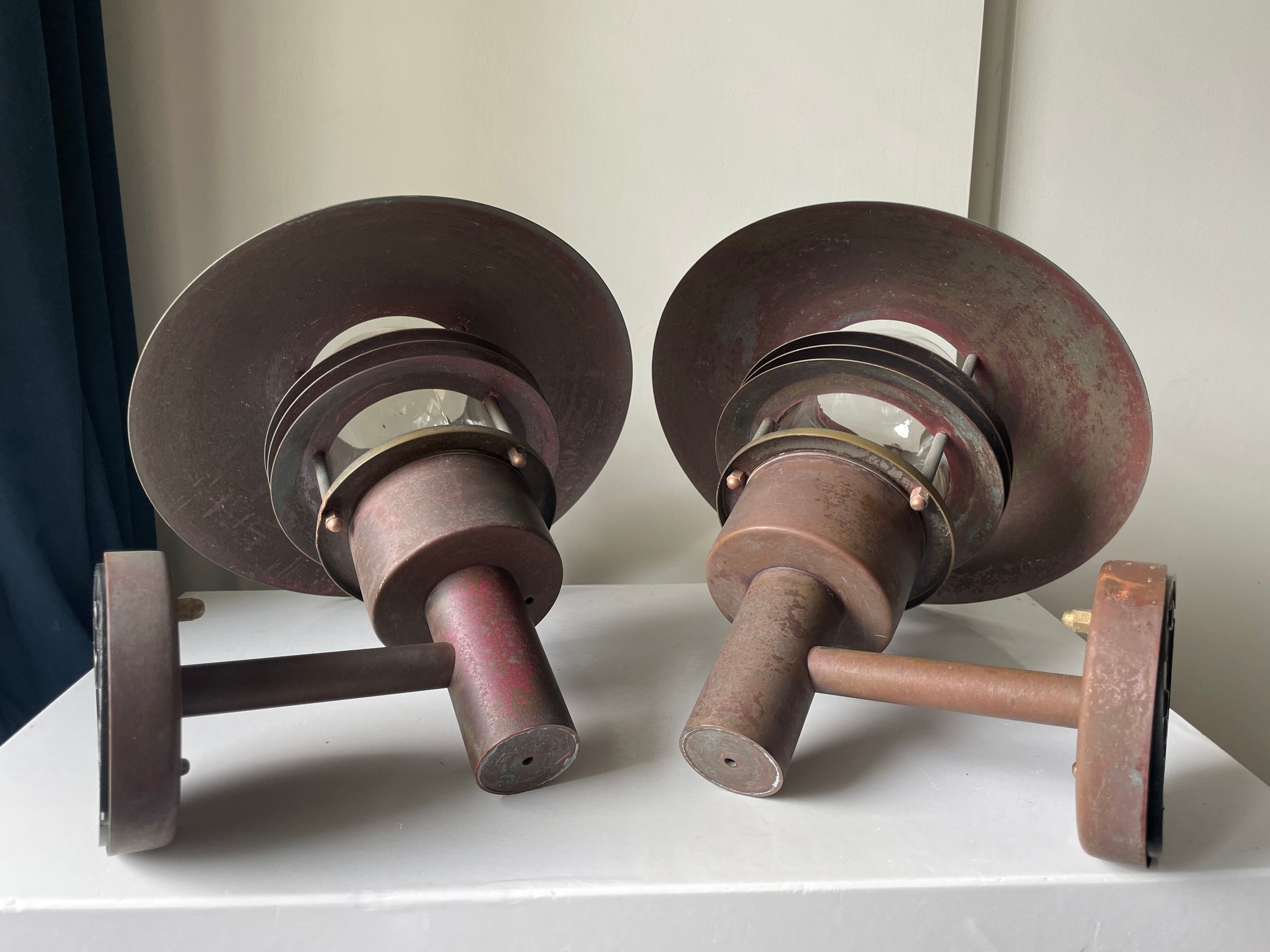 Pair of classic danish vintage  outdoor wall lamps in copper