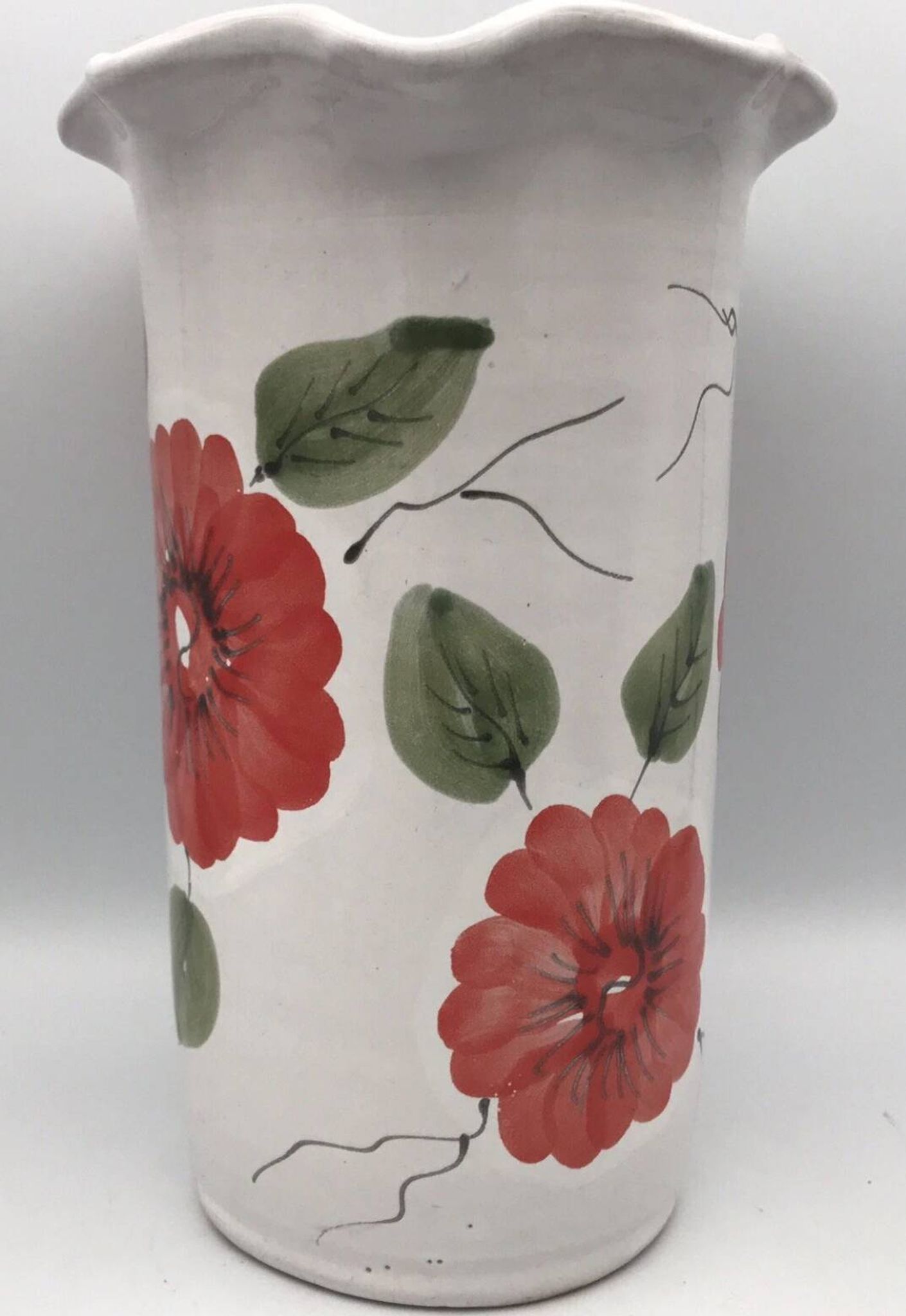 Vase, vintage glazed terracotta pottery, with signed floral decoration