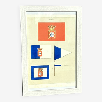 Chromolithographie - encadrée - Fanions et drapeaux de la Marine du Portugal du 19ème siècle