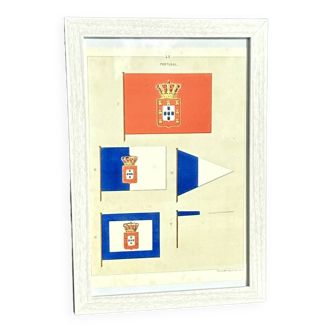 Chromolithograph - framed - 19th century Portuguese Navy pennants and flags