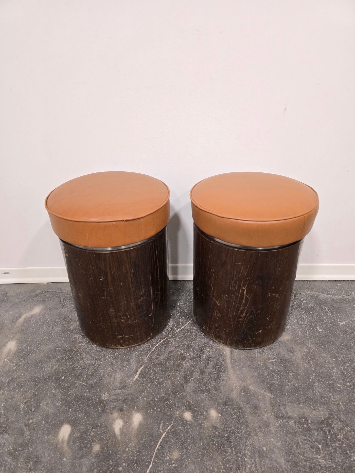 1970s Vintage Wooden Stool – Faux Leather Cushion & Aluminium Trim