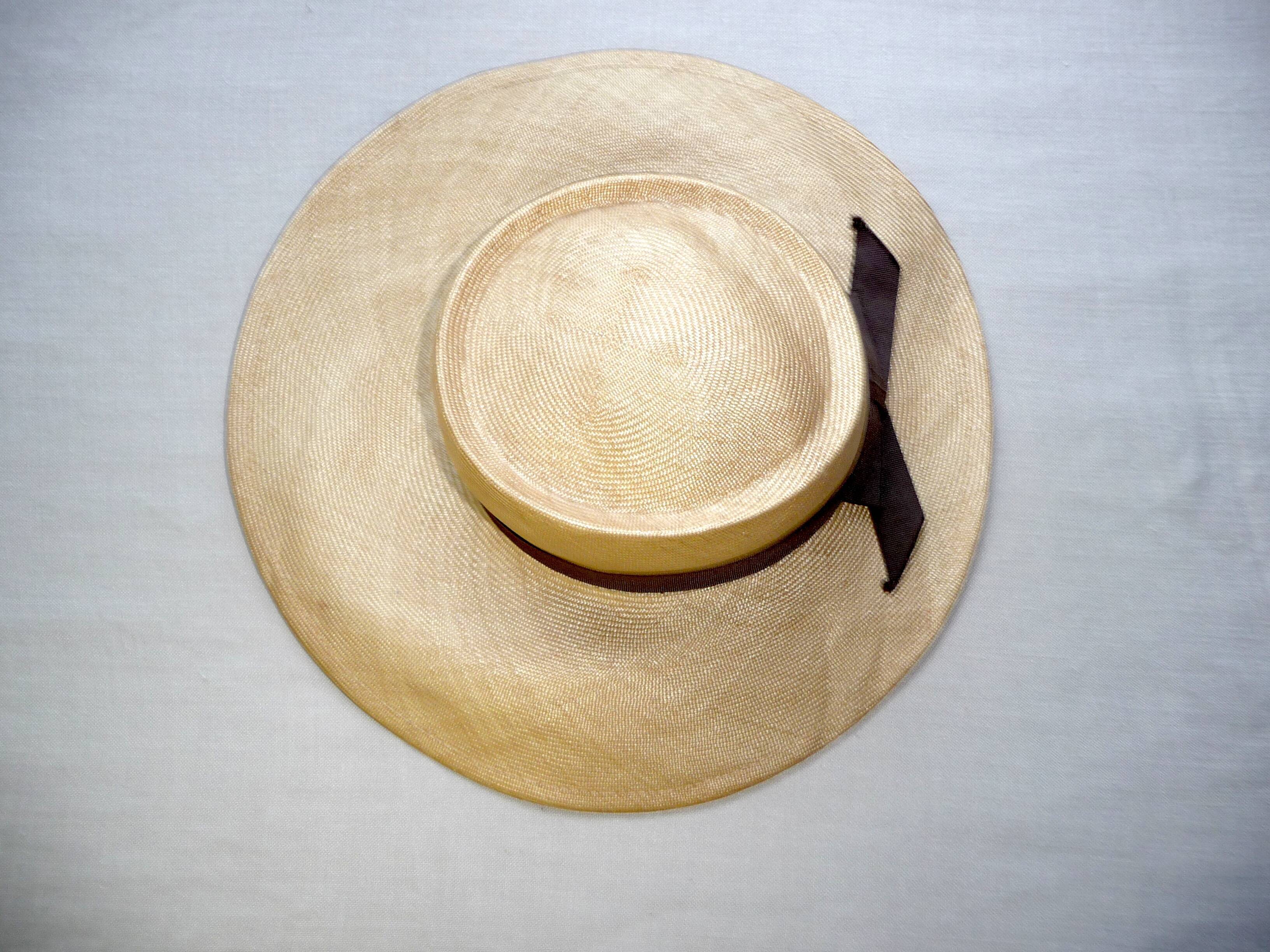 Handmade 50s boater hat in straw and brown ribbon