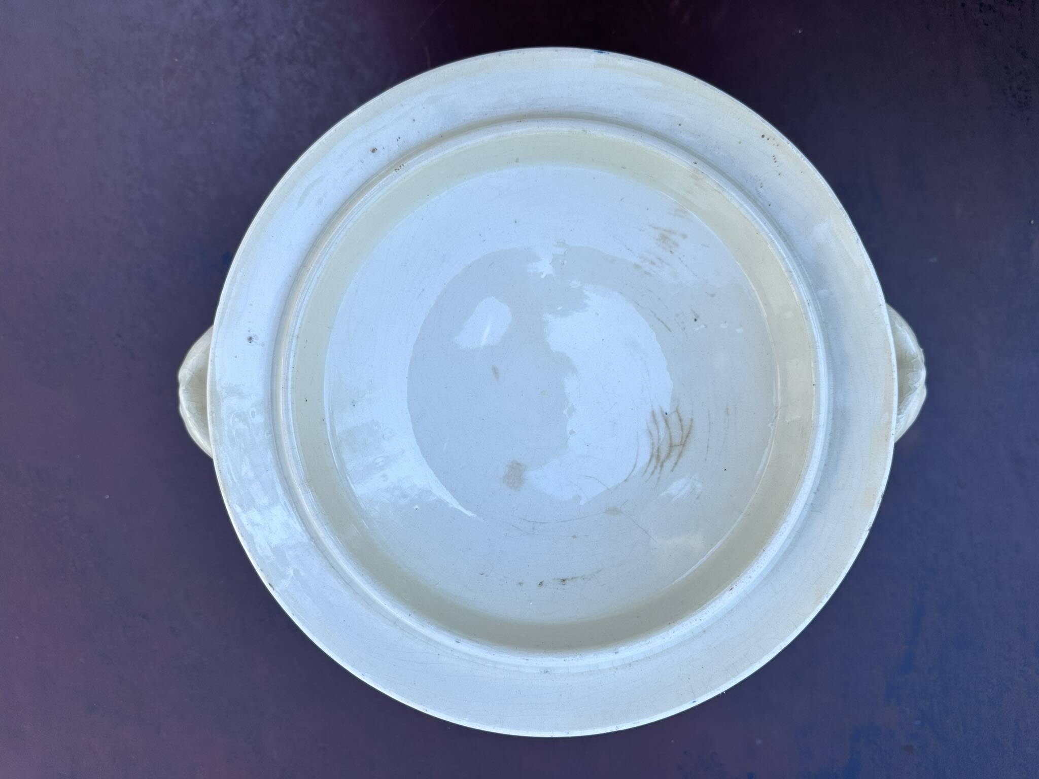 Antique soup tureen, Keller Lunéville earthenware, stamped K, blue decoration.