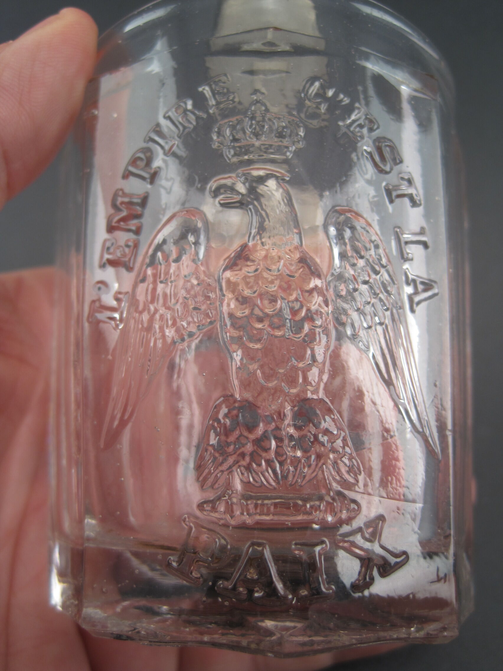 Faceted cup glass circa 1850, Napoleon III emperor, the empire is peace