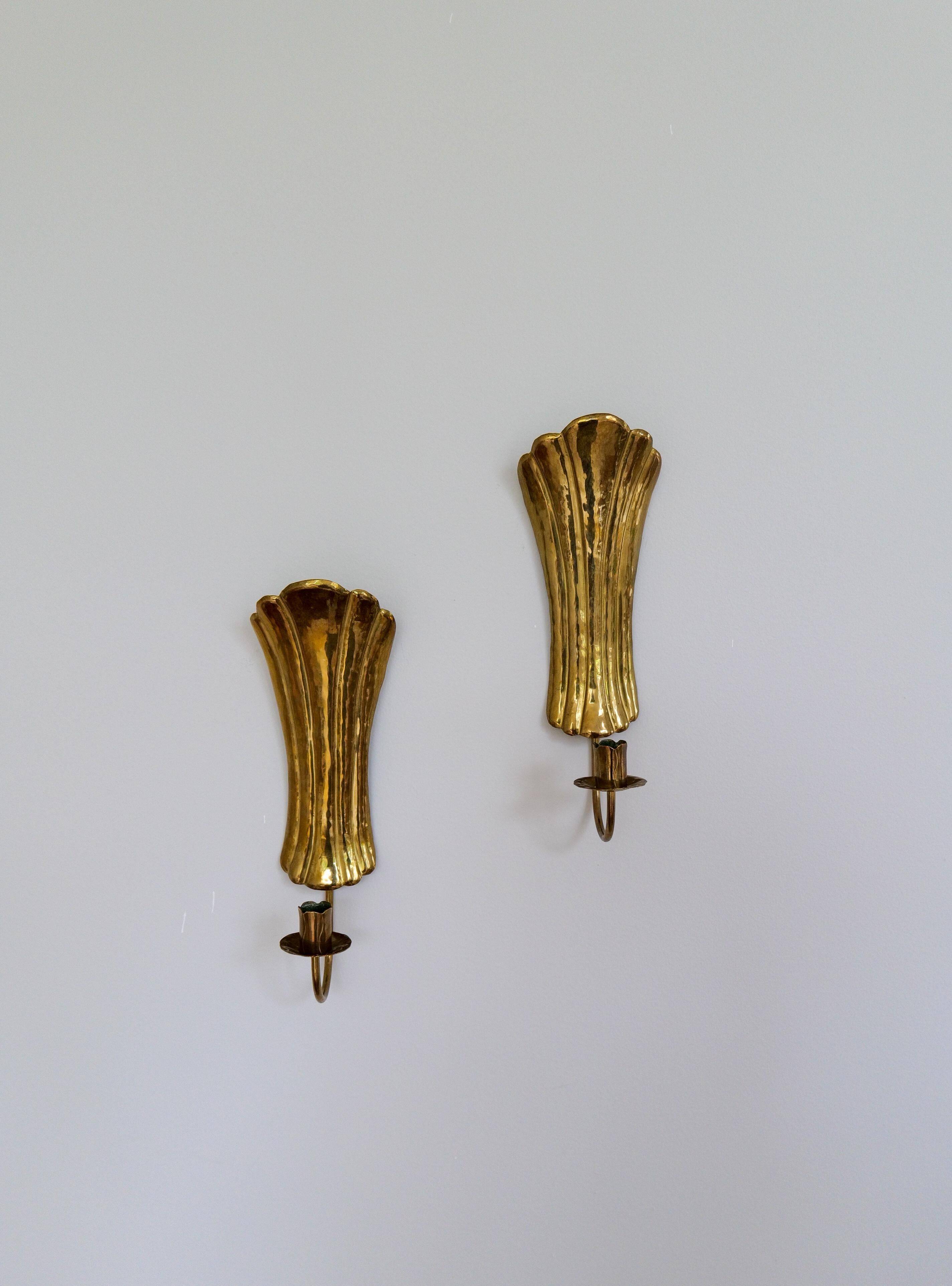 Pair of Art Deco wall sconces in brass, Sweden, 1950s