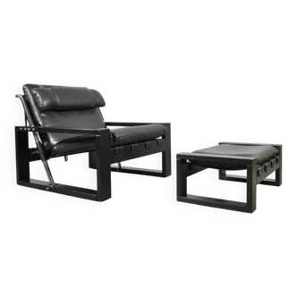 Sonja Wasser / Fauteuil et repose-pieds en cuir brutaliste / Pays-Bas, années 1970