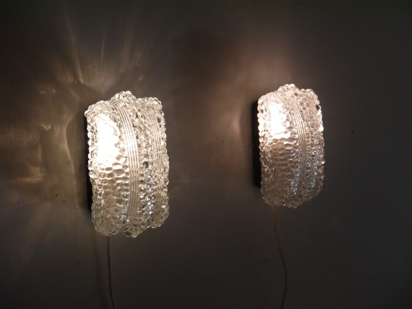 Pair of vintage Scandinavian wall lamps in bubbled glass 1960