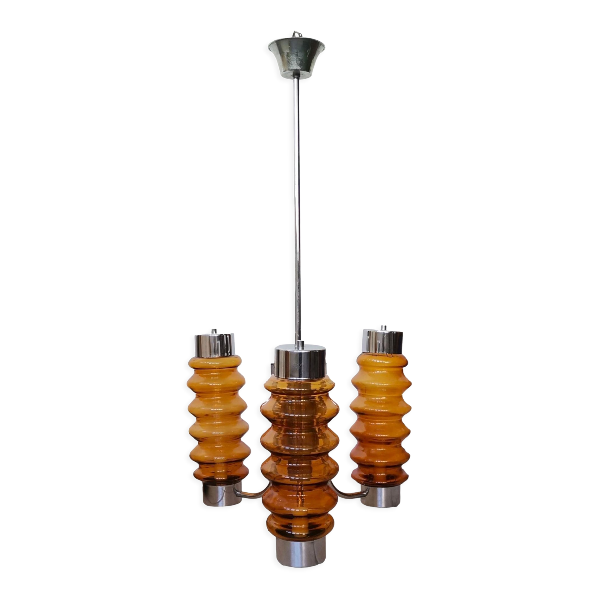 Modern amber brown glass and chrome 3 light chandelier 1970