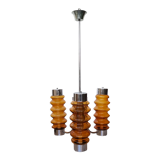 Lustre moderne à 3 lumières en verre brun ambré et chrome 1970