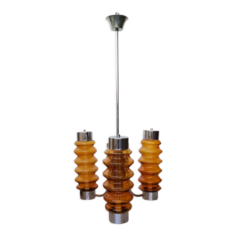 Modern amber brown glass and chrome 3 light chandelier 1970