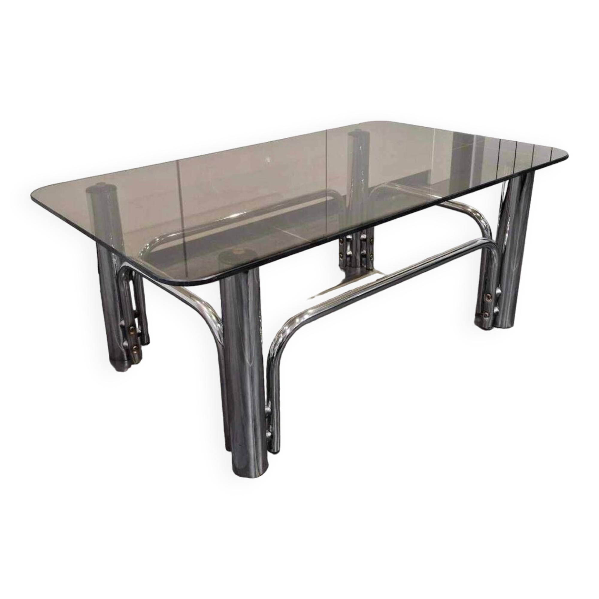 Vintage coffee table chrome metal and smoked glass 1970s