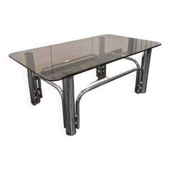 Vintage coffee table chrome metal and smoked glass 1970s
