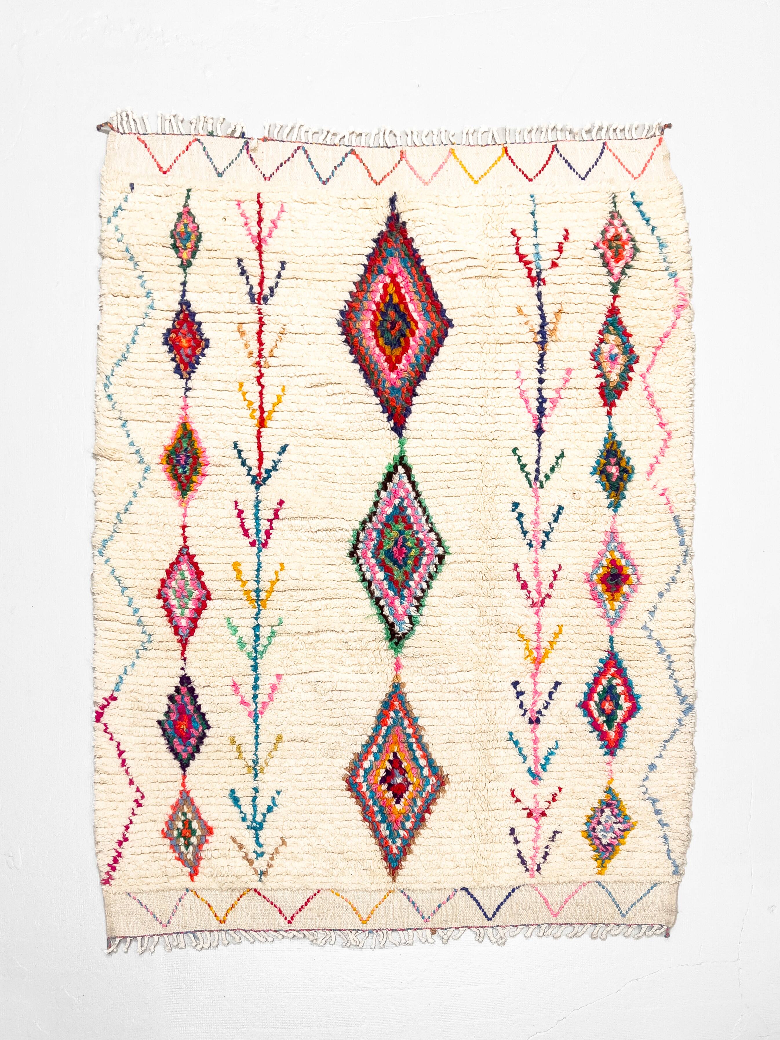 Moroccan Berber rug Azilal, ecru with colorful patterns, 2.10x1.54m