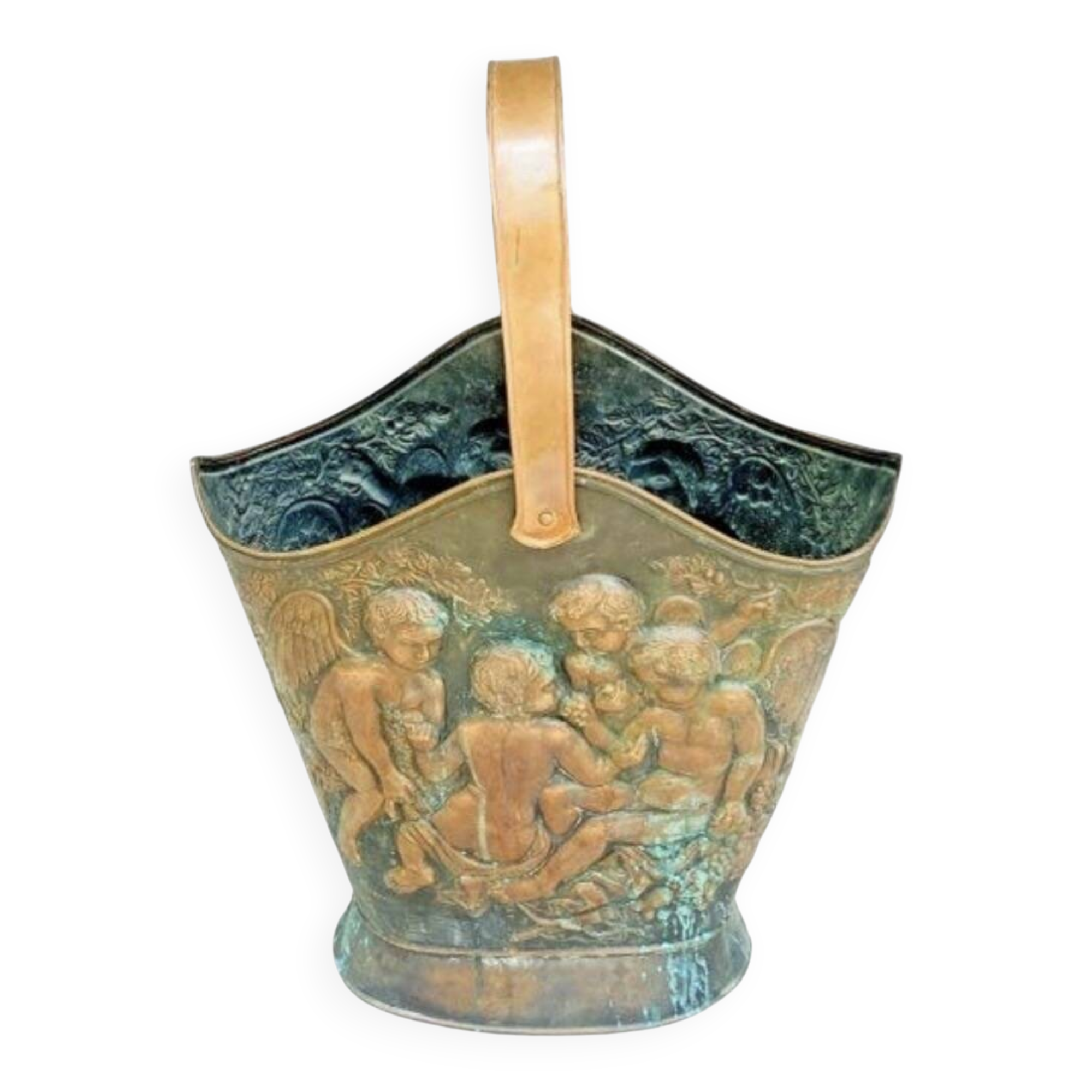 Antique red copper umbrella stand decorated with putti angels.
