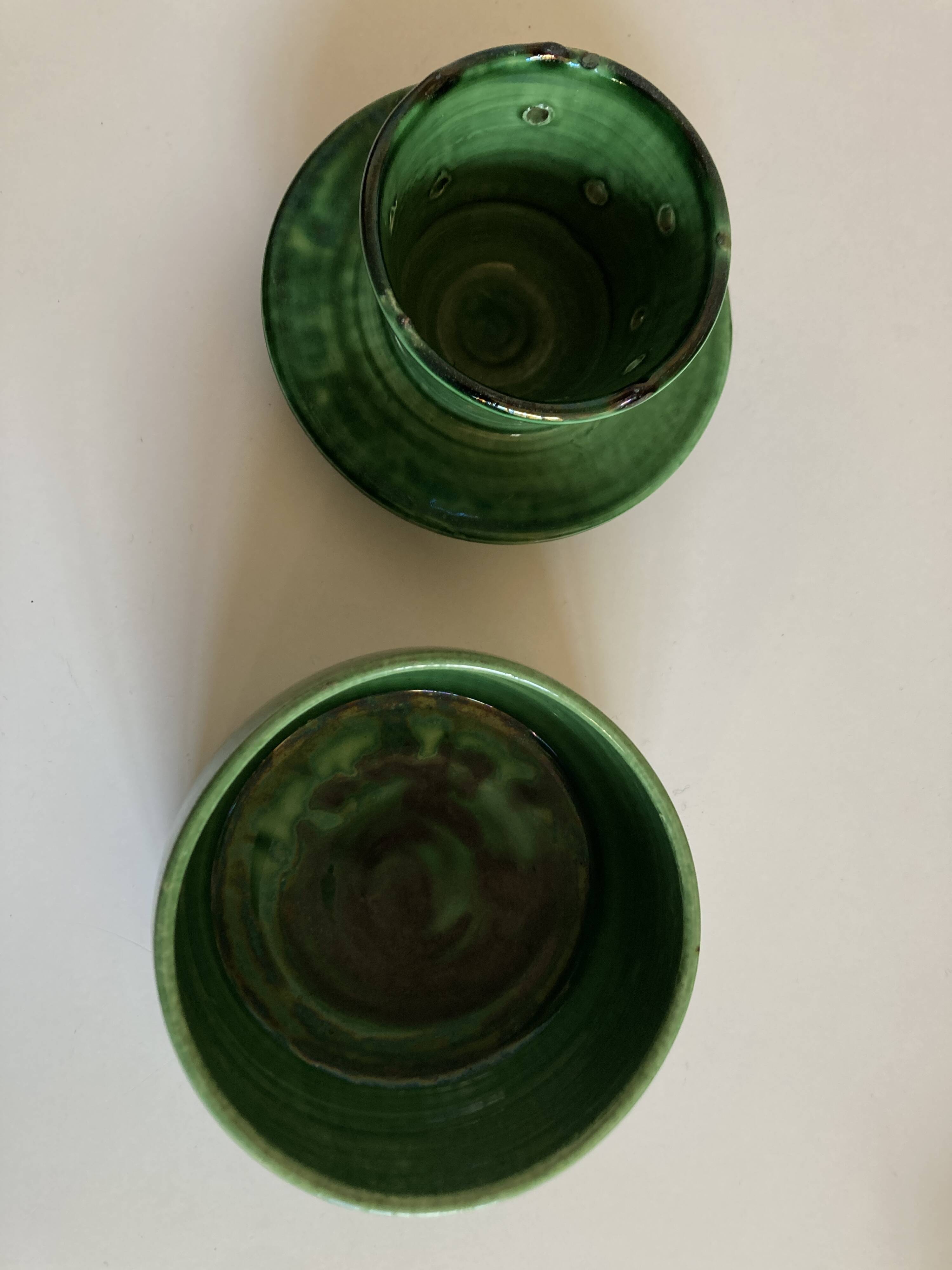 Glazed green earthenware butter dish Foucart Jourdan 1960