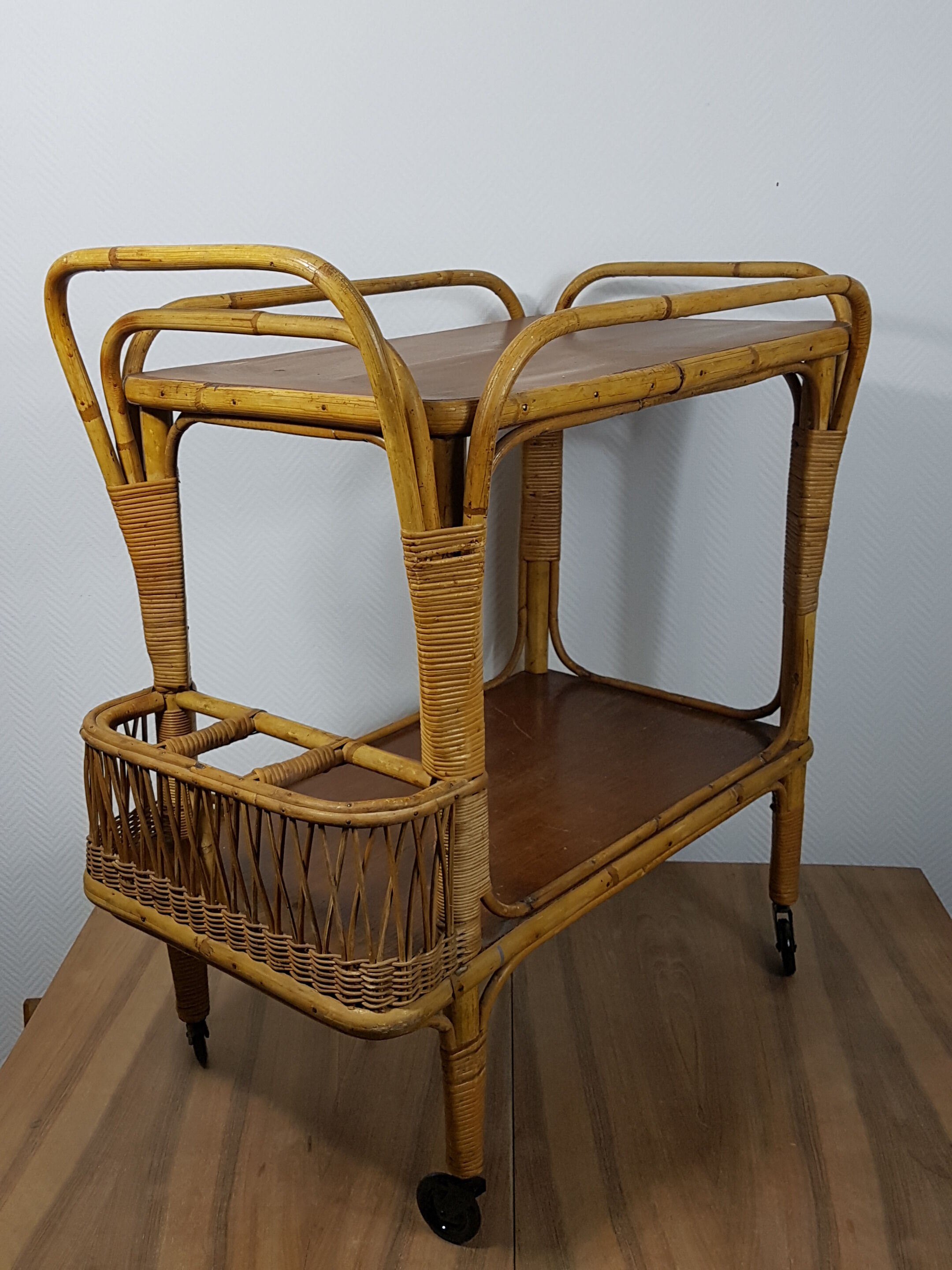 Vintage 70s rattan bar on wheels