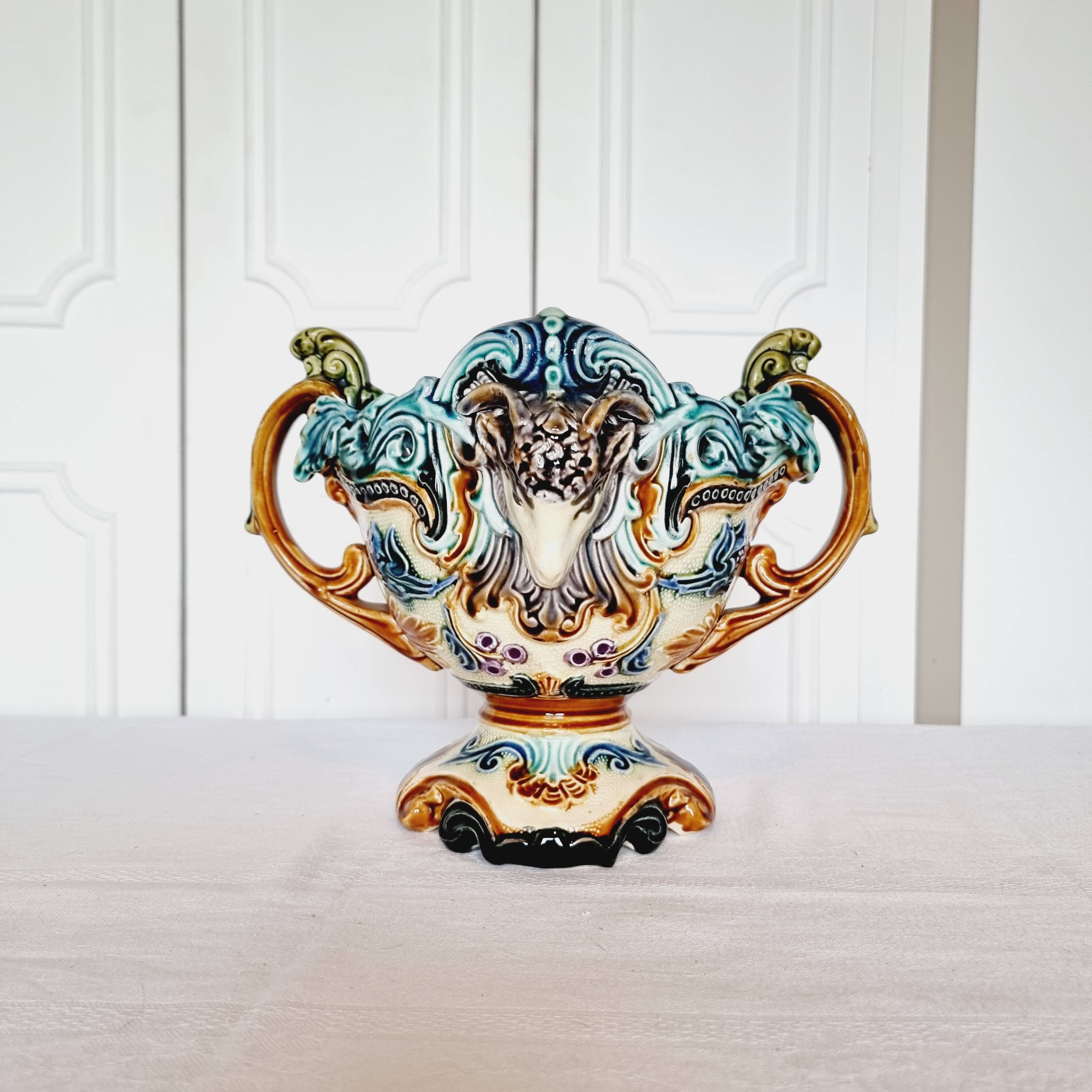 Vase Jardiniere Glass Planter from 1900 Antique Majolica Onnaing Barbonite Collection