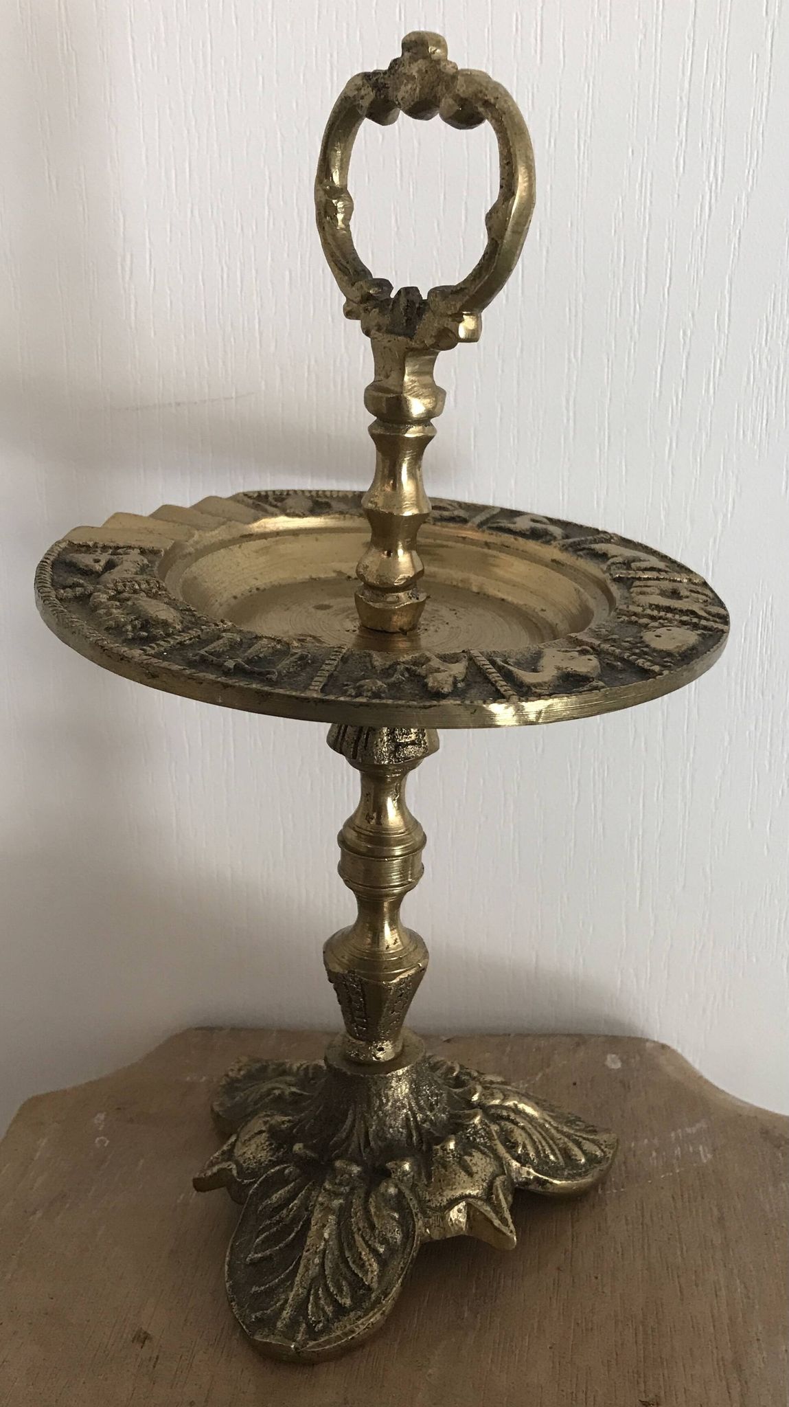 Vintage solid brass ashtray with zodiac sign decor