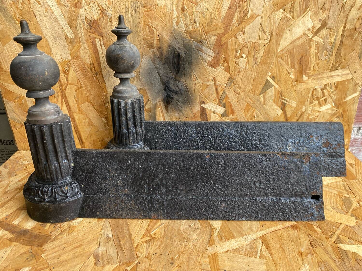 Pair of Napoleon 3 neoclassical cast iron fireplace andirons + brass ball