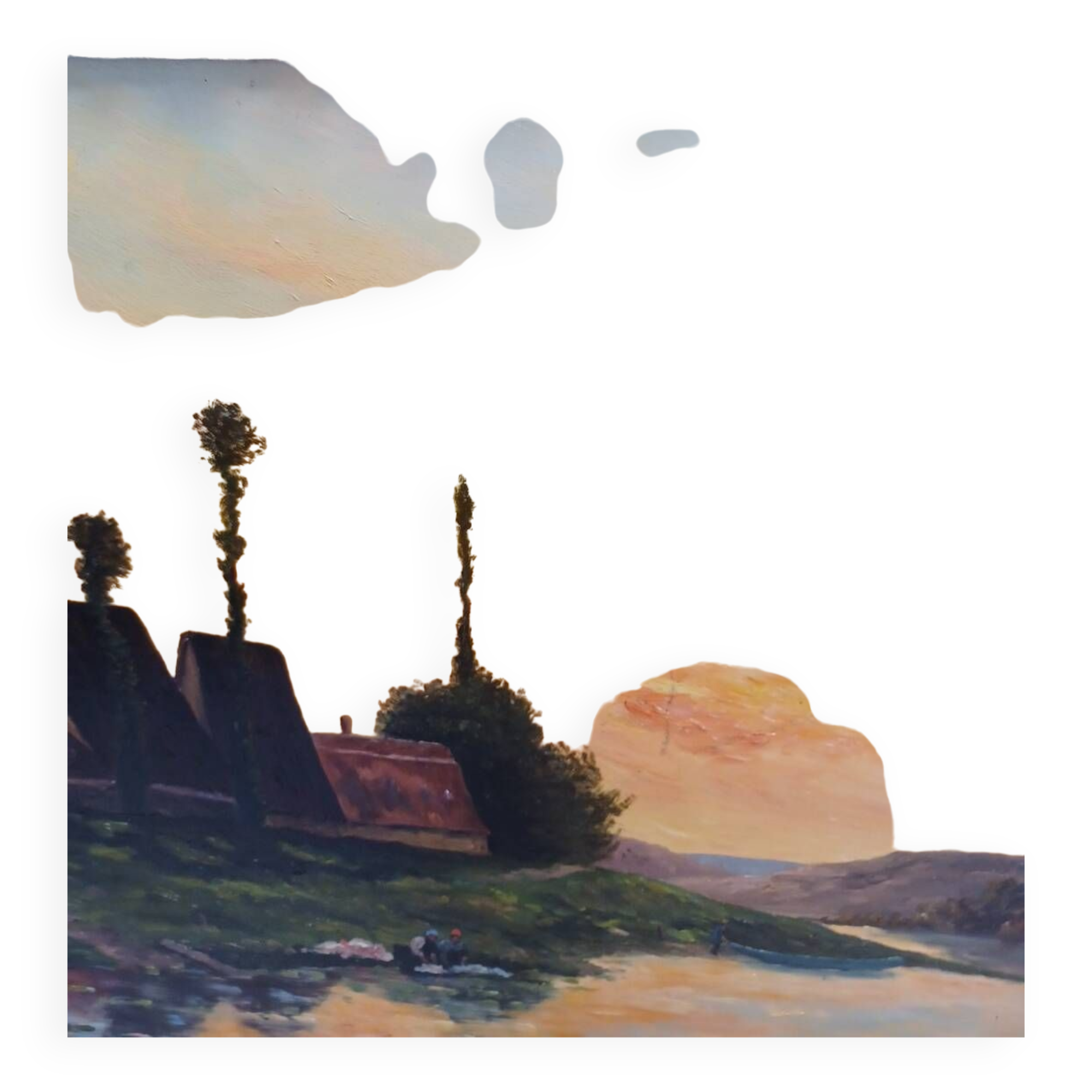 Large painting by Henry Jacques Delpy, Banks of the Seine at Dusk. Early 20th century.