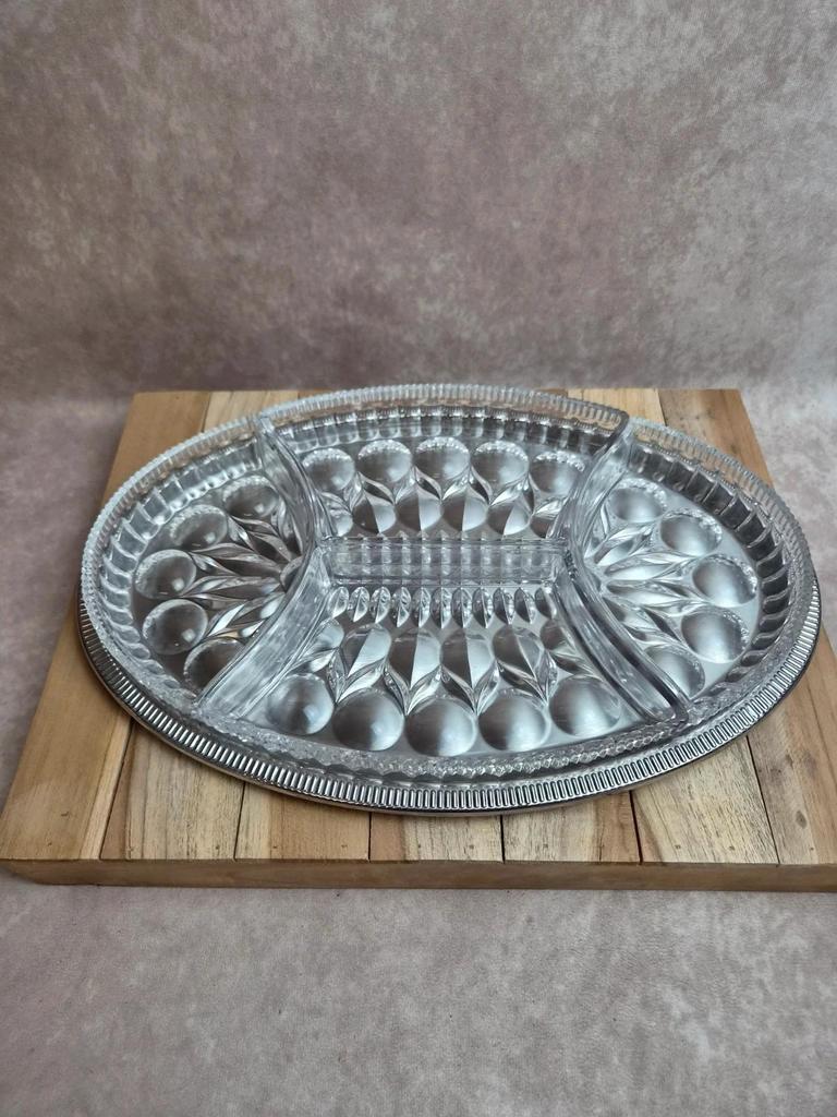 Vintage silver-plated metal tray with a segmented glass aperitif dish.