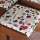 Set of 3 beech wood stools with fabric upholstery in the style of Miro.
