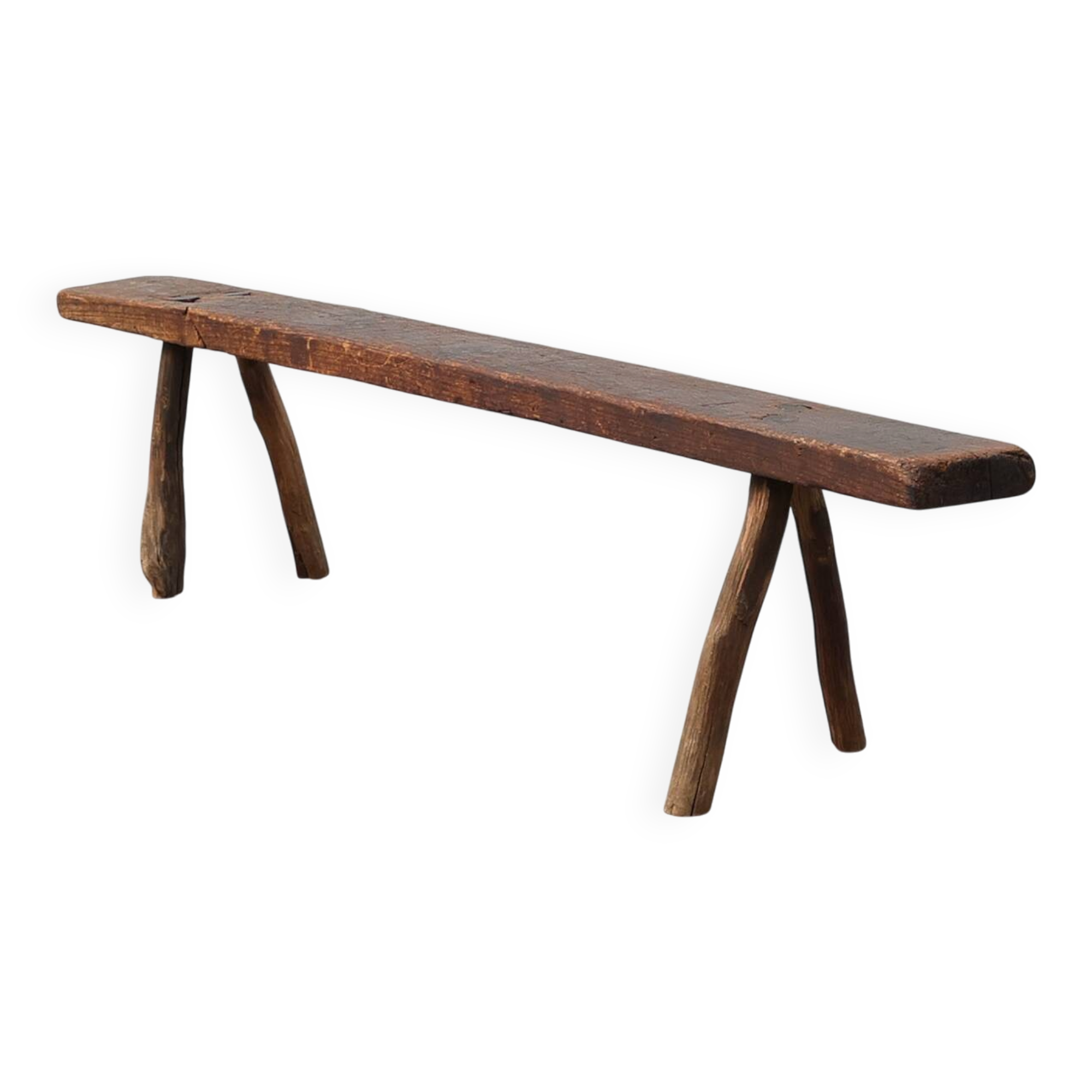 French Primitive Farmhouse Bench with Splayed Legs, 19th Century