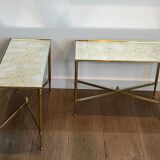 Pair of brass side tables with antique mirrored tops from Maison Jansen