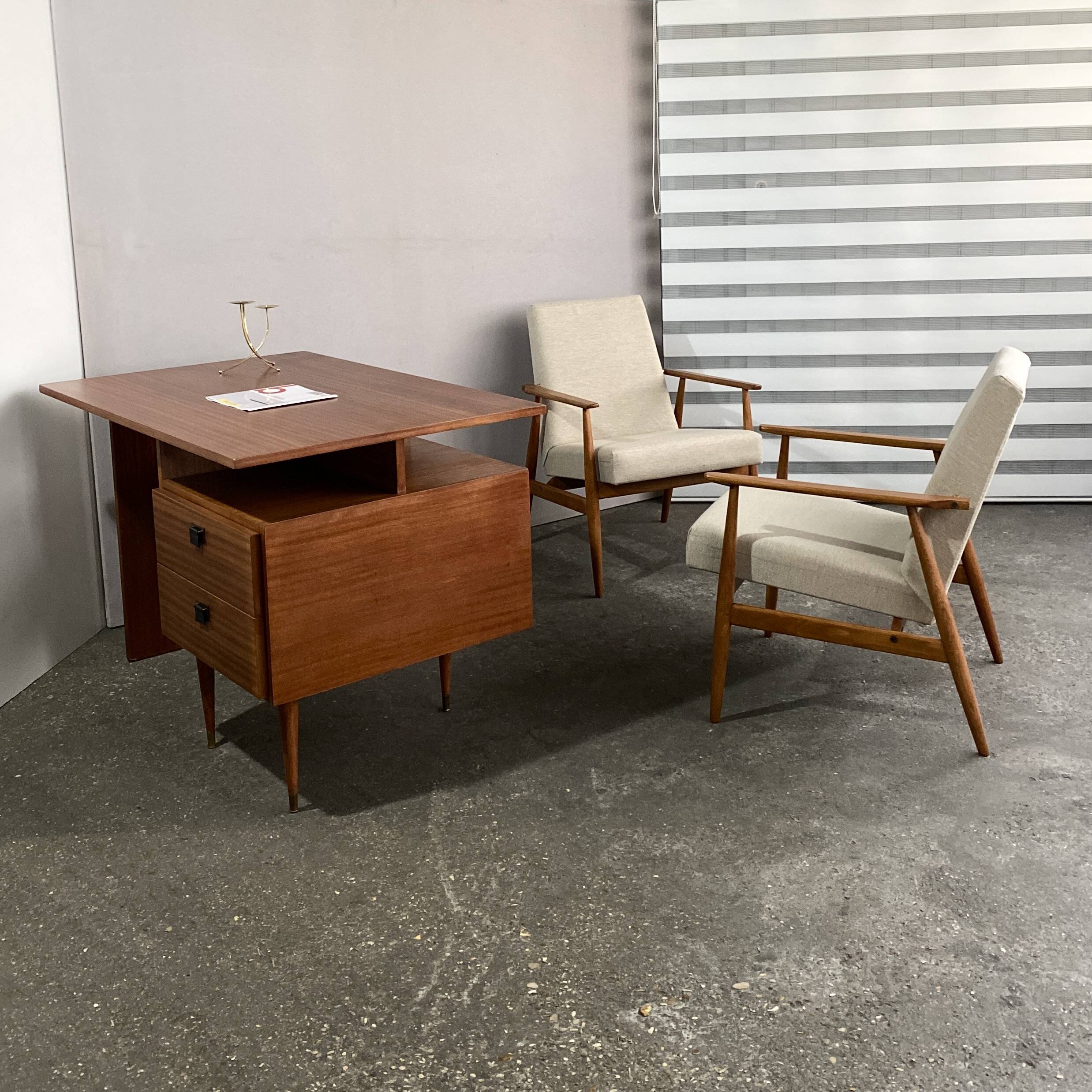 Bureau vintage en acajou, 1950, restauré