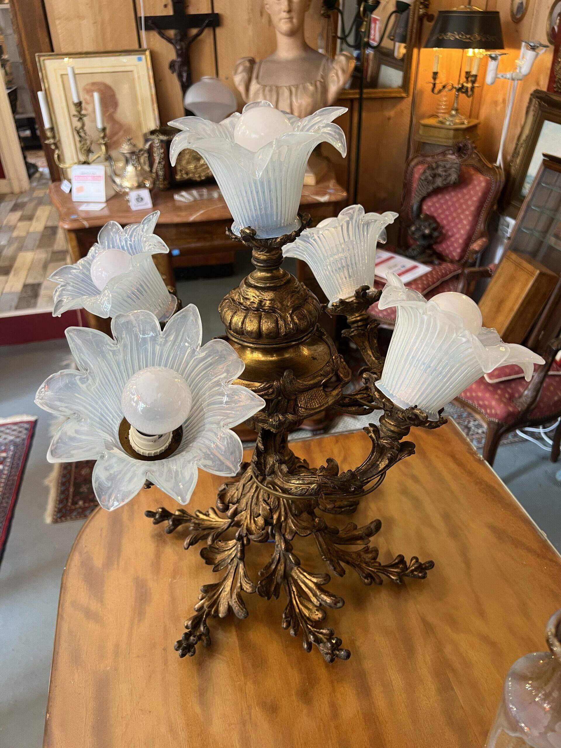 Solid bronze chandelier with moving arms, 19th century, opalescent tulips