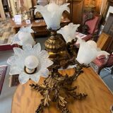 Solid bronze chandelier with moving arms, 19th century, opalescent tulips