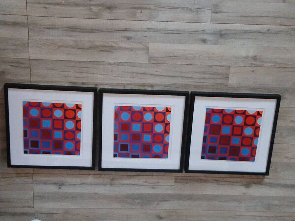 Trio Tableaux Vintage Art Optique - Victor Vasarely - Cadres 40x40cm
