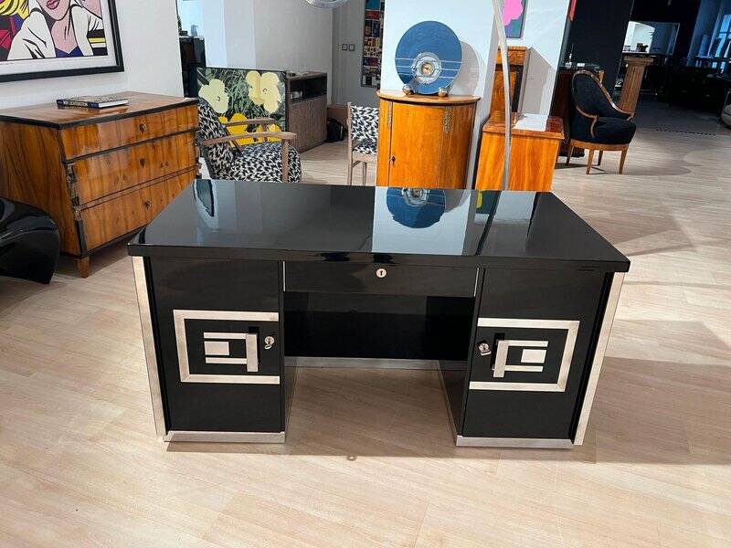 Art Deco Desk in Black Lacquer, Walnut & Metal, France, 1930s-1940s